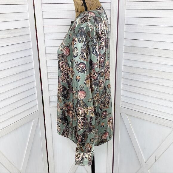 Sellecca Vintage Satin Printed Button Front Blouse Sage Green 10 - Picture 2 of 12